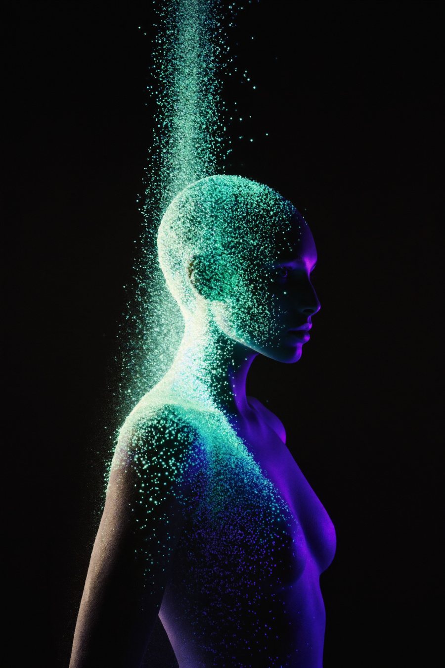 A figure taking shape from a stream of mint and violet light particles